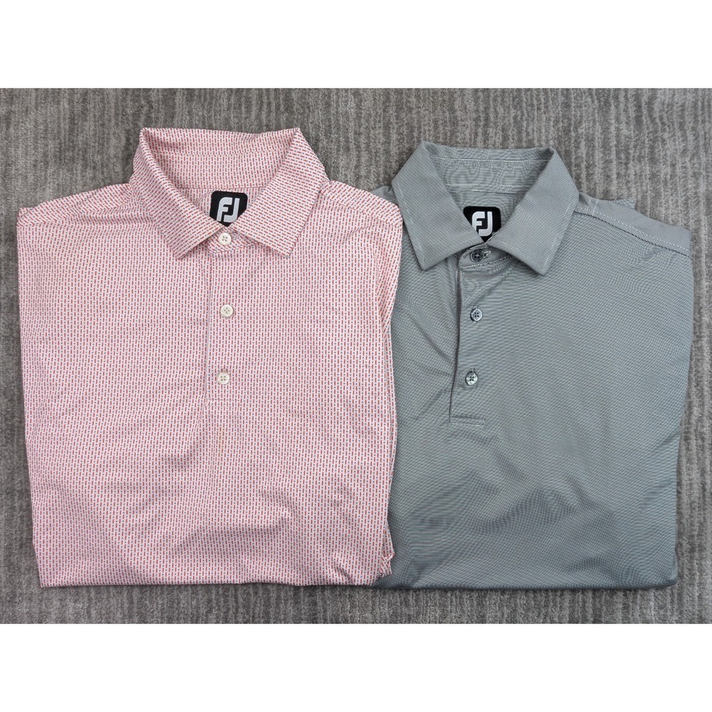 FootJoy FJ Mens Medium Golf Polo Shirt Lot of 2 Striped Grey Red Stretch SS